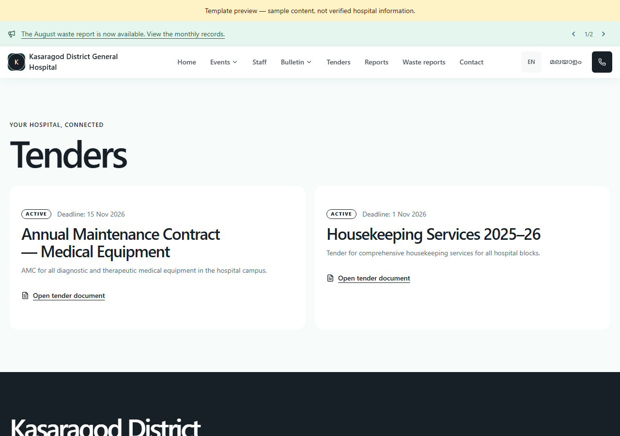 Healthweb tenders page with sample content